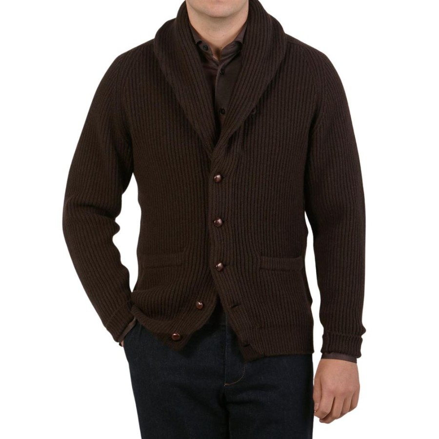 Clothing William Lockie  | Ebony Brown Lambswool Shawl Collar Cardigan