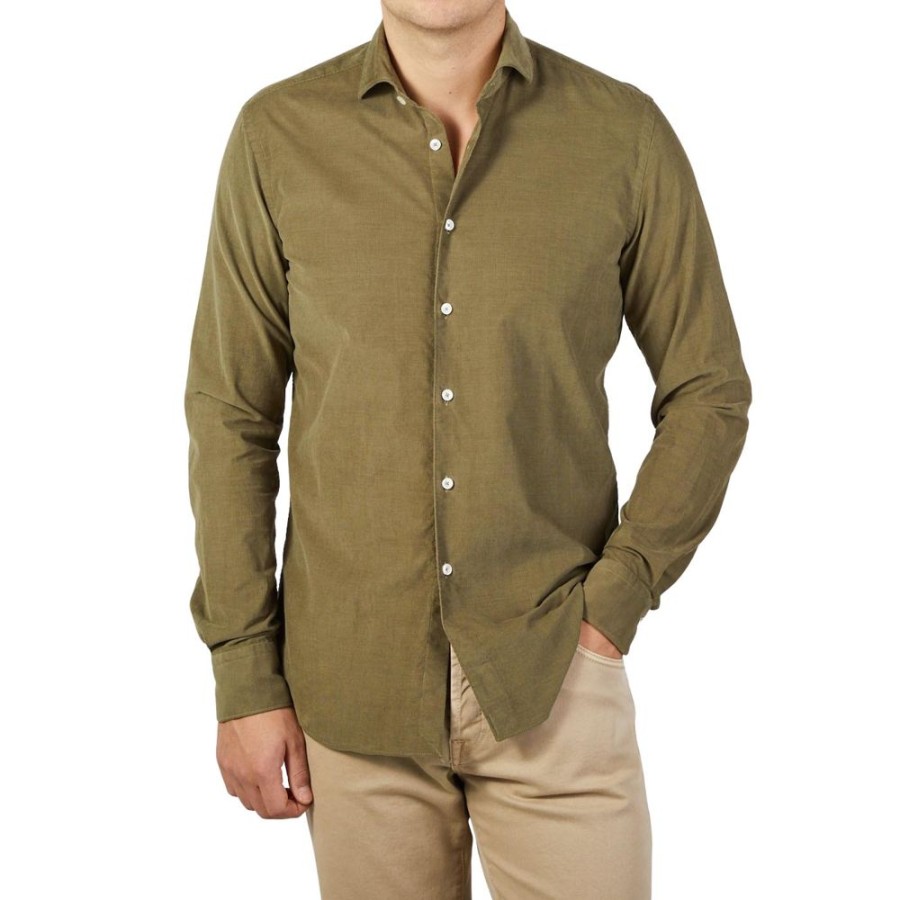 Clothing Xacus  | Olive Green Cotton Corduroy Casual Shirt