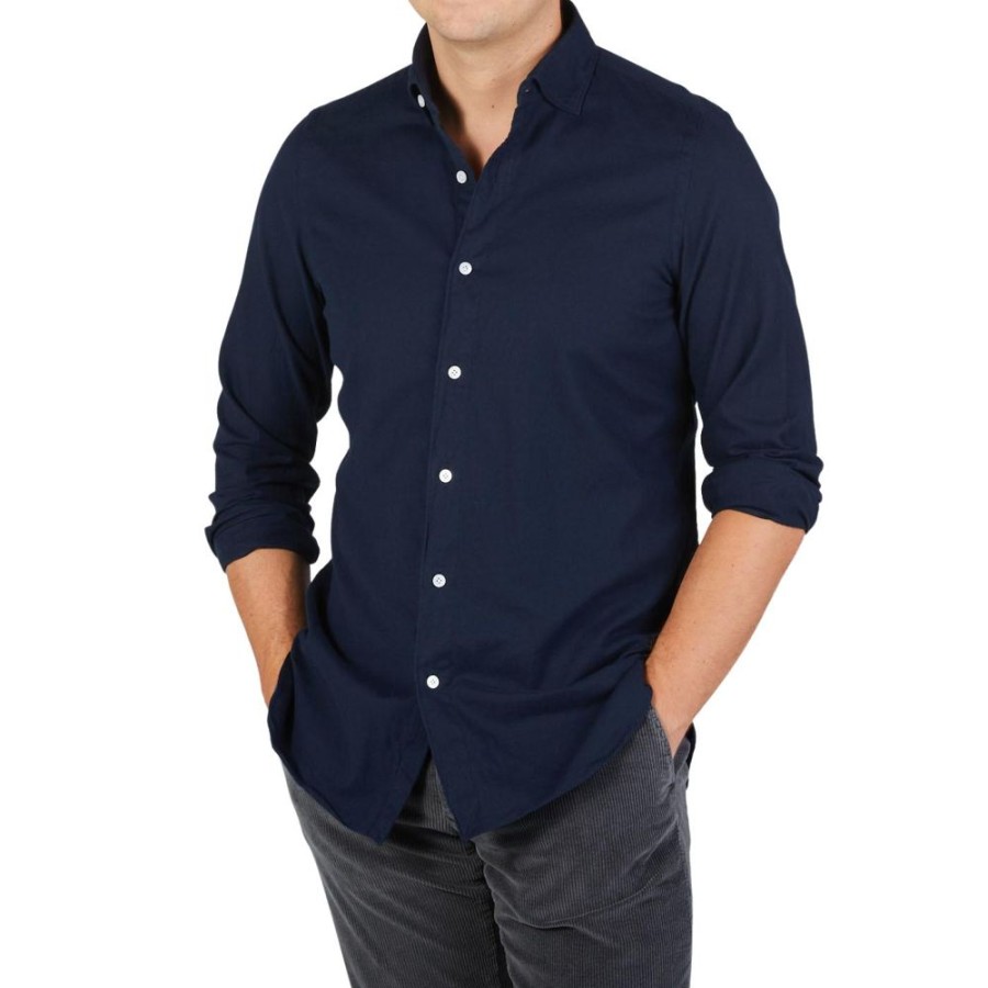 Clothing Finamore  | Dark Blue Cotton Flannel Casual Shirt