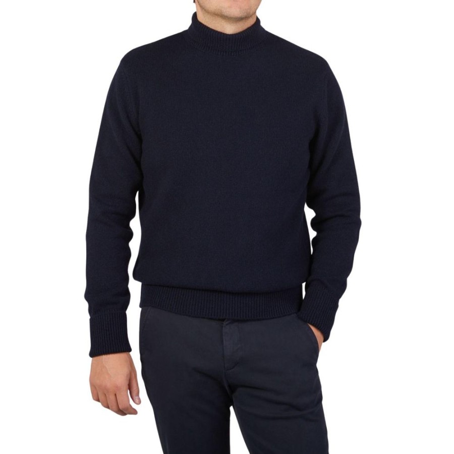 Clothing G.R.P  | Navy Blue Wool Cashmere Mock Neck Sweater